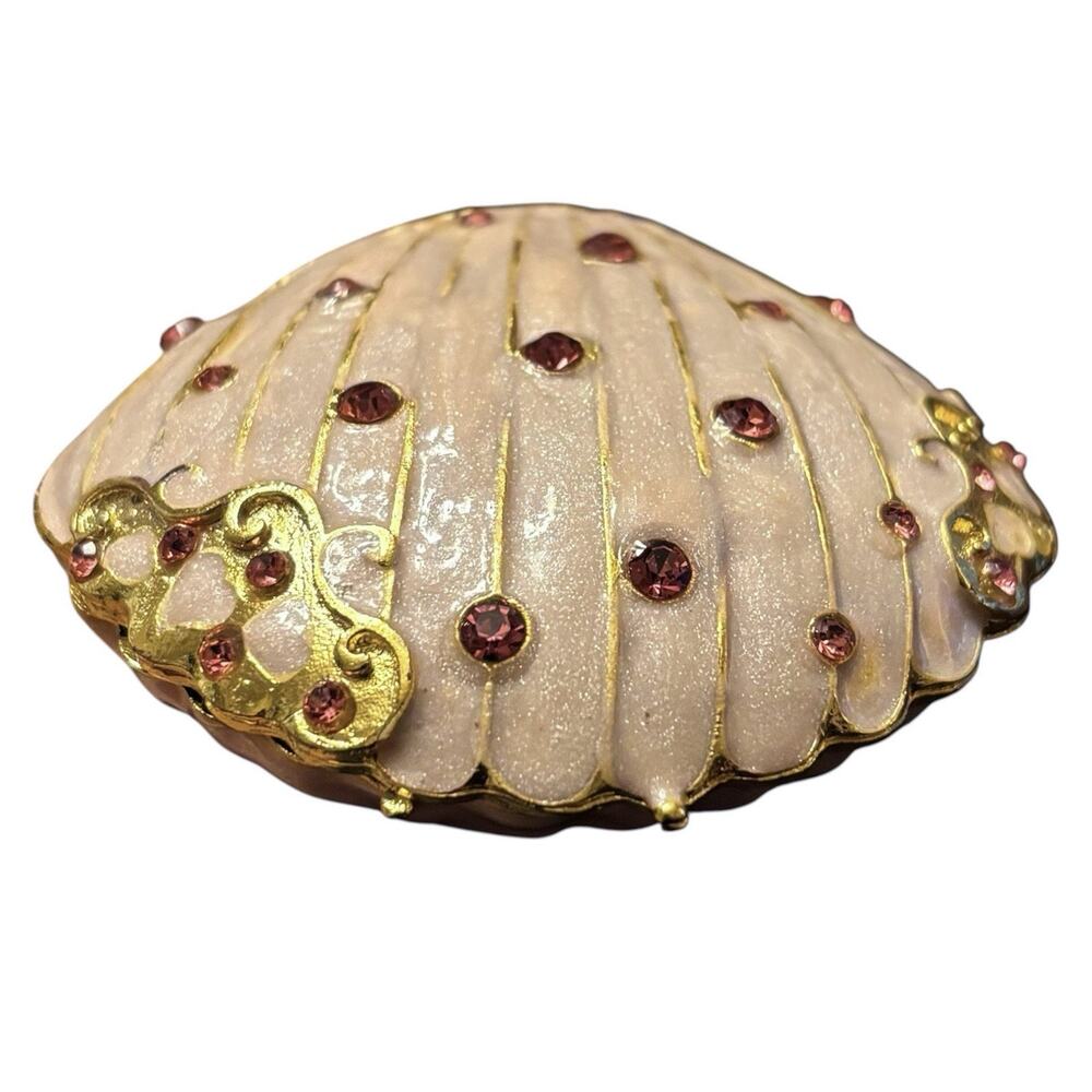 Pink Enamel Magnetic Gold Tone Hinged Seashell Rhinestones Jewels Trinket Box